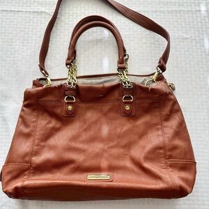 Steve Madden Cognac Faux Leather Satchel Convertible‎ Shoulder Bag Distressed